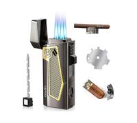4 Torch Jet Flame Cigar Lighter with Punch Holder - Refillable Butane Windproof Torch Lighter for Smoking - Multi-functional Cigar Accessory for Men