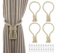 4 unidades de alzapaños magnéticos con 20 deslizadores de cortina, cordón magnético para cortinas, alzapaños de madera boho, hechos a mano, cuerda de algodón, para decoración de cortina (beige)