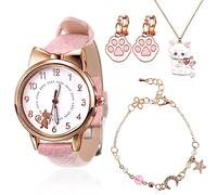 4 unidades de reloj de gato para niños, reloj de pulsera para niñas, reloj de pulsera para niñas, dibujos animados, cuarzo, cuero, pulseras de cadena de perlas, collar de gato con dibujos animados y