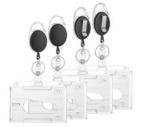 4 Unidades Set Porta Tarjetas con Cordon Retráctil, Funda para Tarjetas 10x6cm Transparente, Porta Credencial con Cordon para DNI, Tarjeta de Crédito, Carnet de Conducir (Negro)
