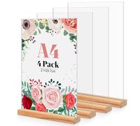 4 Unidades Soporte Cartel A4 de Acrílico, Base de Madera T Forma Expositor Metacrilato Soporte Menú, Porta Carteles Menus Restaurante, Soporte de Sobremesa, Titular de Menú Póster para Hotel, Tienda