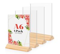 4 Unidades Soporte Cartel A6 de Acrílico, Base de Madera T Forma Expositor Metacrilato Soporte Menú, Porta Carteles Menus Restaurante, Soporte de Sobremesa, Titular de Menú Póster para Hotel, Tienda