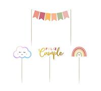 4 Unidades Topper Cumpleaños Niña, Topper Cartón varios elementos de 10-15 cm - Decoración Tarta Cumpleaños, Fiestas Infantiles Niña, Topper Arcoíris.