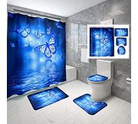 4 unids/Set Juegos de Cortinas de Ducha para Cortina de baño Alfombra Azul río Mariposa Cortinas de Ducha Conjunto Flor Rosa decoración de baño Conjunto de Alfombrilla de with 12 Hooks 180 * 180cm
