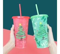 4 vasos de bebidas navideñas de color con tapas y pajitas. Vasos de plástico navideños de 24 oz para café helado y bebidas frías, con diseño de árbol de Navidad para fiestas infantiles y adultos