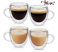 4 vasos de doble pared para latte macchiato, 250 ml, vidrio de borosilicato con asa, resistente al calor y al frío, tazas de café para capuchino, café con leche, zumo, cerveza