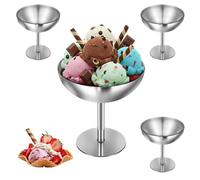4 vasos para helados de acero inoxidable, diámetro de 10 cm, 160 ml, vasos de postre con pie, para frutas, ensaladas, yogures y pudín de frutas (plata mate y grande)