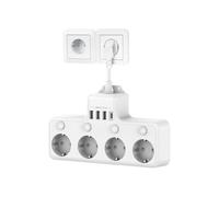 4-way power strip with 4000 W/16 A and 4 separate switches, 3 USB-A ports and 1 USB-C port for home and on the go (white)