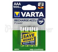 4 x Baterías Recargables Varta AAA 1000mAh Ni-MH 1.2V HR03 Micro Accu Power