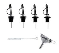 4 x Boquillas dosificadoras de acero inoxidable para aceite de oliva, clásicas, con salida cónica, para cuello de botella de aproximadamente 1,9 cm, con tapa antipolvo, embudo y cepillo de limpieza