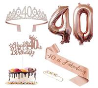 40 Años Corona Banda Cumpleaños Banda,Tiara Corona y Faja de Oro Rosa Cinturón de Cumpleaños Corona de Diamantes Globos Velas Cake Topper per Torta di Compleanno 40 Regalo Cumpleaños Decoración