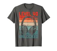 40 Años Cumpleaños Hombres Gamer Level 40 Unlocked Joven Camiseta, Hombre, Asfalto, 4XL