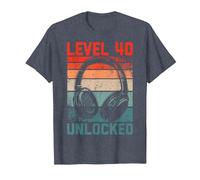 40 Años Cumpleaños Hombres Gamer Level 40 Unlocked Joven Camiseta, Hombre, Azul Jaspeado, S