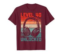 40 Años Cumpleaños Hombres Gamer Level 40 Unlocked Joven Camiseta, Hombre, Granate, L
