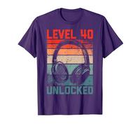 40 Años Cumpleaños Hombres Gamer Level 40 Unlocked Joven Camiseta, Hombre, Morado, XXL
