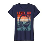 40 Años Cumpleaños Hombres Gamer Level 40 Unlocked Joven Camiseta, Mujer, Azul Marino, L