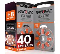 40 Baterías para Audífonos 13 Rayovac Extra + 8 Baterías Udivita | 5+1 Pack de 8 Pilas de Audífono