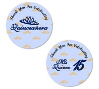 40 calcomanías de quinceañera, etiquetas redondas grandes brillantes de 5 cm, con texto en inglés "Thank You for Celebrating Mis Quince Birthday", ideal para recuerdos de fiesta, etiquetas, juegos y