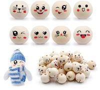 40 Cuentas de Madera Con Cara, Bolas de 20 mm Con Agujero para Enhebrar, 8 Estilos Con Gusanos de Preocupación Facial, para Decoraciones de Bricolaje, Joyas, Accesorios