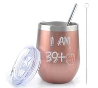 40 cumpleaños Copa de vino de acero inoxidable para mujeres, 40 cumpleaños para mujeres, copas de vino de 12 oz con tapa, paja y cepillo de pajita, taza de café para regalo de cumpleaños Navidad