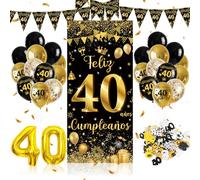 40 Decoración Cumpleaños Chica Chicos,Globos Cumpleaños Feliz Decoracion,Pancarta Feliz 40 Negro y Dorado,Banderola,Confeti