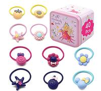 40 Pcs Banda para el Cabello de Las Niñas, XCOZU Banda de pelo Multicolor de Dibujos Animados, Hairband Elástico Del Titular de Cola de Caballo Viene con Caja de Lata Rosa