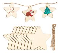 40 Piezas Adornos de Madera de Colgantes de Navidad para DIY, Estrellas Colgantes de Madera con 40pcs Cordeles para Adornos de Navidad