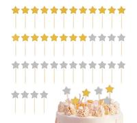 40 piezas de estrellas para decoración de tartas, decoración de bodas, varillas de cinco puntas de estrella de purpurina (oro y plata)