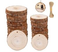 40 piezas de rodajas de madera natural, discos de madera preperforados sin terminar, círculos de madera con agujero y cordel de yute, 5-6 cm/7-8 cm, kit de manualidades de madera para Navidad, bodas