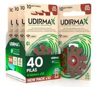 40 Pilas para Audífonos PR41 Tamaño 312 (Marrones) Udirmax Zinc-Aire 0% Mercurio 1,45V con Tecnología Dynamic Sonar Eco Pack - 4 Blísteres Ecológicos de 10 Pilas