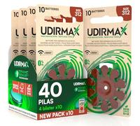 40 Pilas para Audífonos PR41 Tamaño 312 Marrones - Udirmax Zinc-Aire 1,45V Sin Mercurio con Tecnología Dynamic Sonar - Eco Pack 4 Blísteres Ecológicos de 10 Pilas