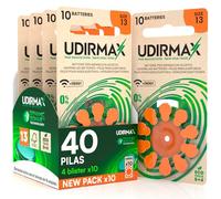 40 Pilas para Audífonos PR48 Tamaño 13 (Naranjas) Udirmax Zinc-Aire 0% Mercurio 1,45V con Tecnología Dynamic Sonar Eco Pack - 4 Blísteres Ecológicos de 10 Pilas