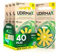 40 Pilas para Audífonos Tamaño 10 Udirmax PR70 Zinc-Aire Amarillas con Tecnología Dynamic Sonar Eco Pack - 4 Blísteres Ecológicos de 10 Pilas