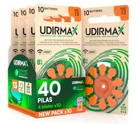 40 Pilas para Audífonos Tamaño 13 Udirmax PR48 Zinc-Aire Naranjas con Tecnología Dynamic Sonar Eco Pack - 4 Blísteres Ecológicos de 10 Pilas