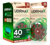 40 Pilas para Audífonos Tamaño 312 Marrones PR41 - Udirmax Zinc-Aire 1,45V Sin Mercurio con Tecnología Dynamic Sonar - Eco Pack 4 Blísteres Ecológicos de 10 Pilas