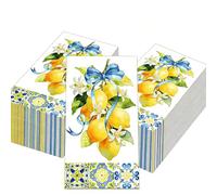 40 servilletas con diseño de limones, 11 x 20 cm, papel decorativo de limón, azul y blanco, decoración mediterránea para fiestas de verano, bodas y barbacoas, decoración de mesa desechable, color