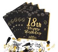 40 servilletas de 18 cumpleaños, decoraciones de cumpleaños para niños de 18 años, confeti negro y dorado, servilletas triples, decoraciones de mesa Happy Birthday