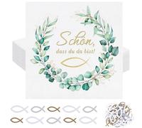 40 servilletas de papel para bautizo, 6,5 pulgadas, eucalipto, pescado, bonito Dass Du Da Bist verde, servilletas de papel y 48 peces de madera, decoración de bautizo para niño y niña