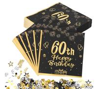 40 servilletas decorativas para 60 cumpleaños, 33 x 33 cm, color negro y dorado + 1 paquete de 60 confeti de papel decorativo para cumpleaños, decoración de mesa para hombres y mujeres, aniversario