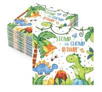 40 Servilletas Dinosaurio 33x33 cm Tema Selva para Cumpleaños | Servilletas de papel de una capa dobladas en cuatro con dinosaurios volcán y hojas tropicales para mesa fiesta y pícnic