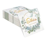 40 servilletas Komoke Schön Dass Du Da Bist con patrón de eucalipto, servilletas de papel de 3 capas, 32 x 32 cm, perfectas para cumpleaños, bodas, bautizos y comuniones, hojas verdes para decoración