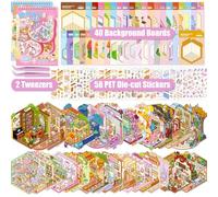 40 Sets Libro de Pegatinas 3D con Escenas, 3D House Sticker Books, Stickers Therapy, DIY Stress Relief Sticker Scenes with 58 PET Pegatinas, 40 Miniature Scene, 2 Pinzas, for Adulto Niño Adolescente