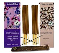 40 Varillas de Incienso Natural sin Tóxicos para Anti DEPRESIÓN con Tablilla Quemador de Madera - 40 Inciensos de Palo Santo y Lavanda + Envoltura Hermética Anti-Humedad