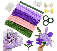 400 Piezas Limpiapipas Manualidades, Kit Limpiapipas Flores Morado con 20 Alambres Verdes, 3 Cintas Floristería, Tijeras, Papel Regalo, Set Manualidades Flexible Ramos Tulipanes DIY para Niños Adultos