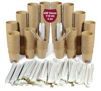 400 Vasos Desechables Café de Papel Cartón Kraft 110 ml / 4 oz. Vasos para Café Corto, Lungo, Expreso y Más con Paletinas de Madera Envueltas en Papel