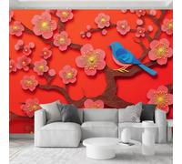 400 x 280 cm Papel pintado fotográfico de fieltro con diseño de año nuevo chino y flores de ciruelo y pájaros, para salón, dormitorio, papel pintado no tejido, efecto 3D, color rojo