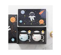 400ml Astronaut Space Planet Mug with Lid and Spoon for Coffee, Milk, Gift Birthday for Girl Boy WomenWhite+Light Blue