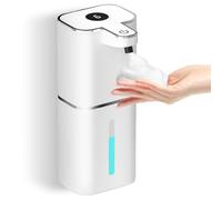 400ML Blanco Dispensador Jabon Baño Automatico con 2 Ganchos y Cable USB, 6 Niveles Ajustables Dispensador Jabon Cocina con Sensor, Resistente al Agua IPX5 para Cocina, Baño, Escuelas, Aseo, Familia