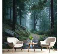 400x280cm Papel pintado mural Verde oscuro Arte Papel tapiz Fotomural Paisaje realista Sendero forestal después de la lluvia, Moderna Decoración Seda Decoración De Pared Sala Cuarto