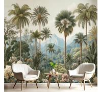 400x280cm Papel pintado mural Verde oscuro Arte Papel tapiz Fotomural Selva tropical Ave del paraíso entre palmeras, Moderna Decoración Seda Decoración De Pared Sala Cuarto